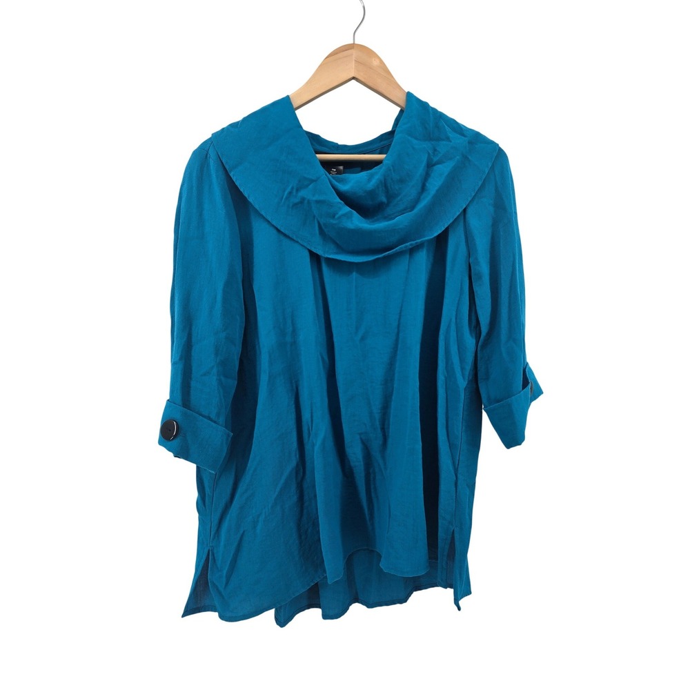 Ali Miles Tunic Top Womens PM Teal Blue Cowl Neck Button Tab Roll-Sleeve Rayon